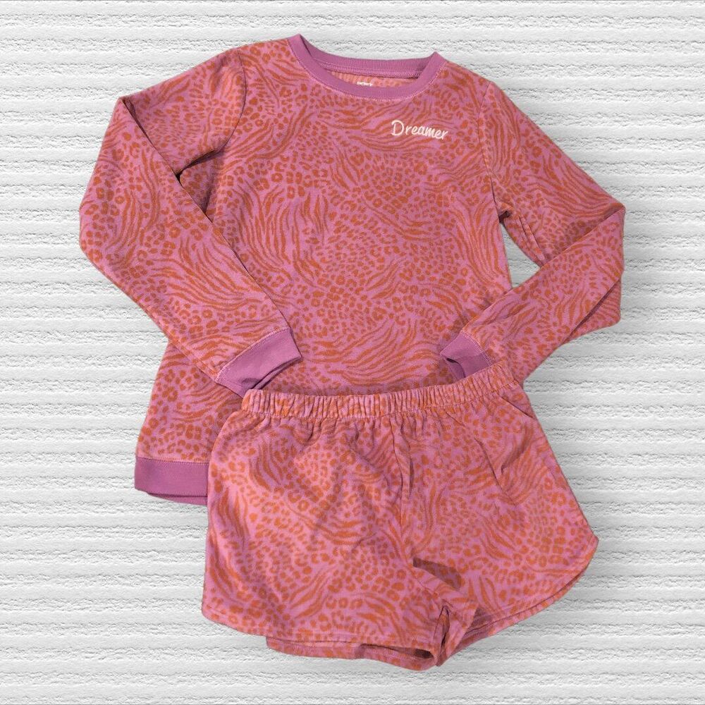 Carter’s Girls 14 Fleece Pink And Purple Zebra Long Sleeve Shorts Pajama Set